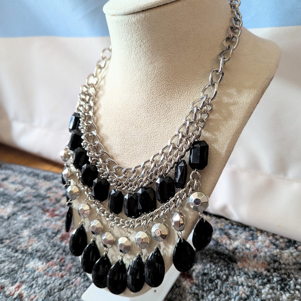 Vintage Black Silver Tone Chacha Bib Statement Necklace Whimsigoth Dark Acadamia - Picture 3 of 7